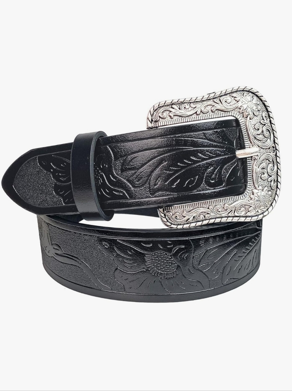 New Western Style Silvertone Belt Buckle with Black Embossed Belt 32"L